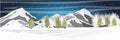 Mountains and spruce forest in the snow. Vector landscape of the Arctic, Antarctica, Greenland, Alaska or Canada